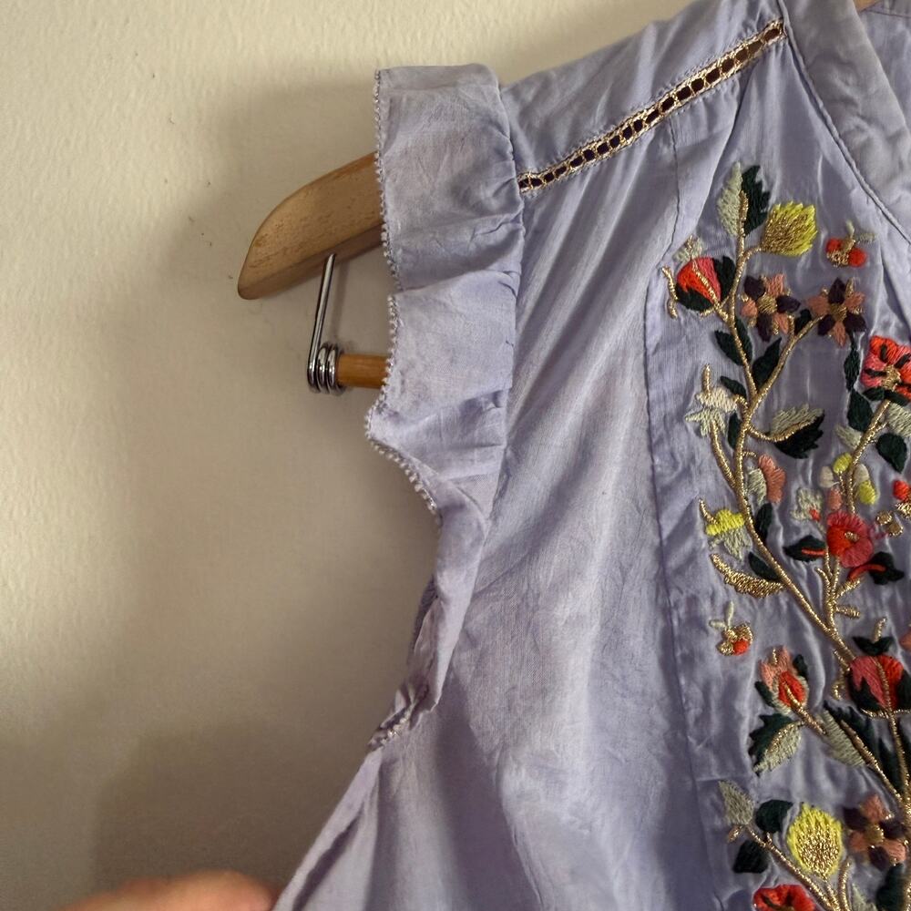 MAEVE | Anthropologie Threadbloom Blue ruffle Sleeve Embroidered Blouse | 2 - Picture 6 of 8